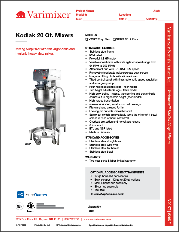 Varimixer USA | 20 Qt. Kodiak Commercial Mixers